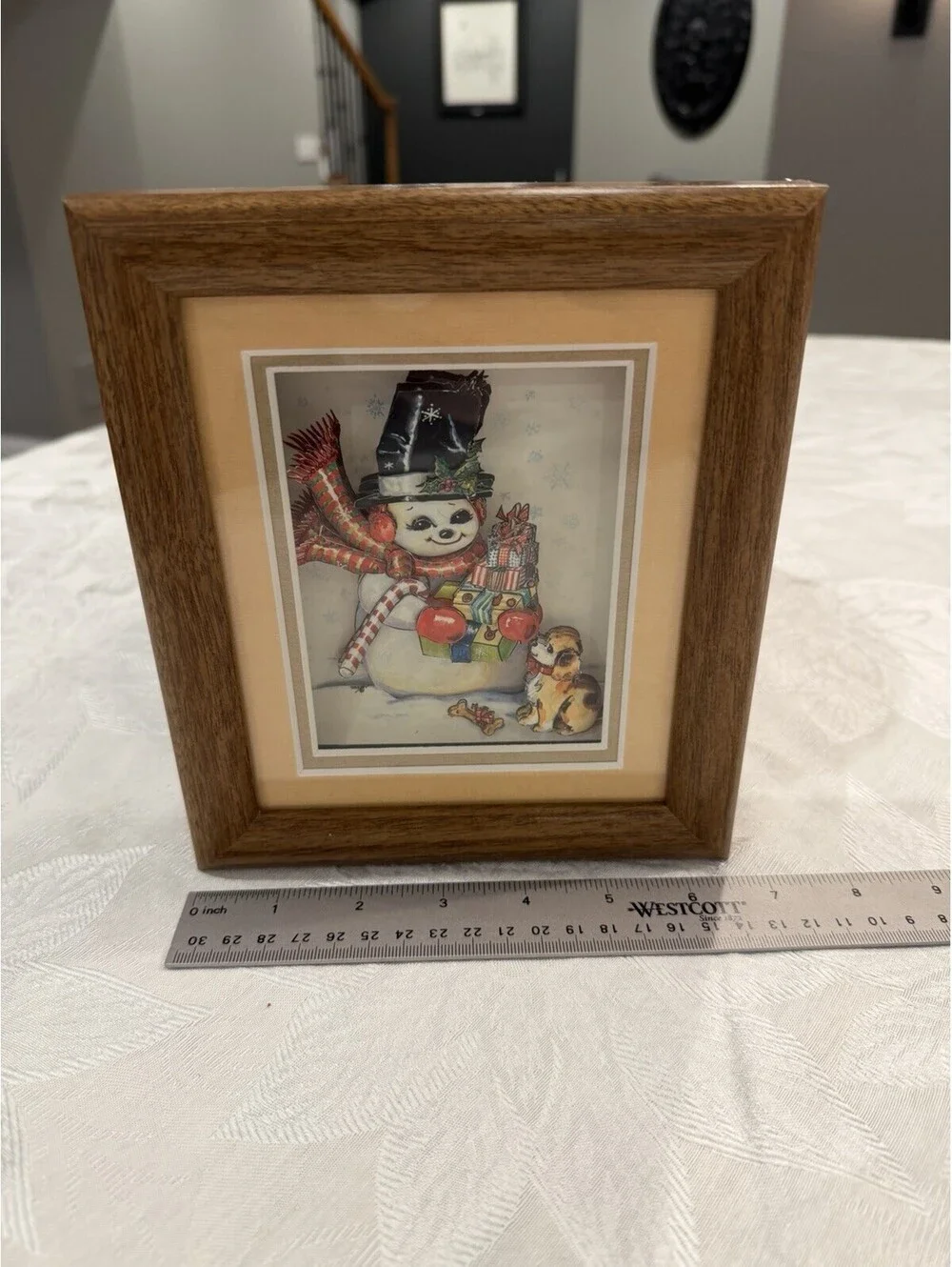Vtg Christmas 3D Shadowbox Snowman & Puppy  Picture Excellent